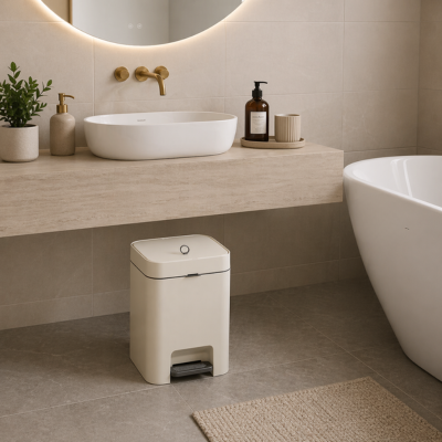 poubelle salle de bain beige design affiné