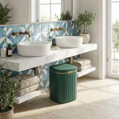 poubelle salle de bain verte s'intègre parfaitement